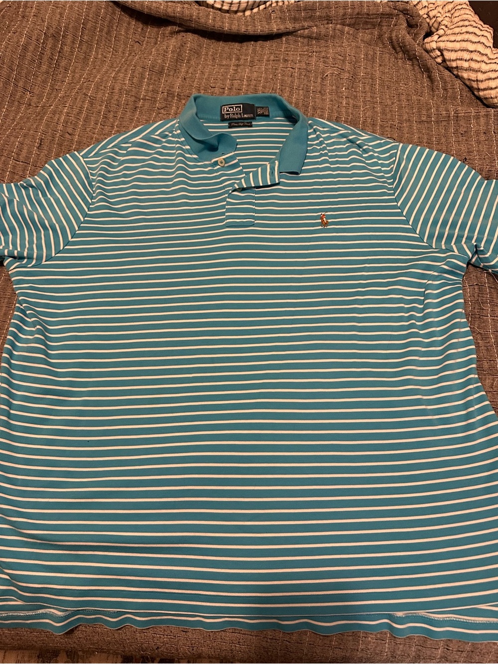 Ralph Lauren Men’s Teal & White Striped Polo Shirt with Pony Logo